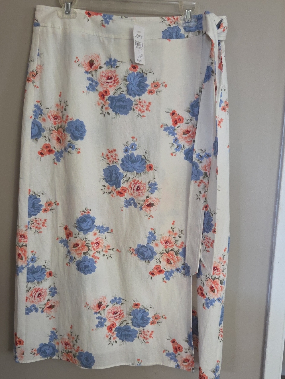 LOFT Cream Wrap Skirt with Blue & Coral Floral Print